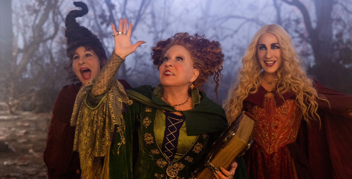 From left to right, Mary, Winifred, and Sarah Sanderson stand next to each other. Mary (Kathy Najimy) has a tall tower of twisted hair atop her head and is wearing a dark maroon cape. Winifred (Bette Midler) has red curly hair loosely shaped like horns. She wears a green dress with a matching cape. Sarah (Sarah Jessica Parker) has long blonde curly hair. She wears a dark red dress, an orange corset, and a dark red cape.