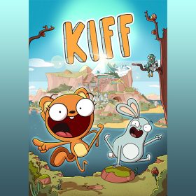 The poster for Disney Branded Television’s new animated series Kiff. In the background is a whimsical village on a mountain with hills; at the top of the mountain are snow-covered peaks. Below the village and surrounding the mountain and hills is a body of water. In the foreground are the main characters of the series: Kiff the squirrel, on the left, and Barry the bunny on the right. They have large eyes and are smiling wide, while kicking up their feet happily. A bird reading a newspaper is perched on a tree branch at the right of the poster. The title of the show is in large font at the top of the image.