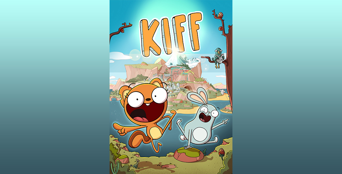 The poster for Disney Branded Television’s new animated series Kiff. In the background is a whimsical village on a mountain with hills; at the top of the mountain are snow-covered peaks. Below the village and surrounding the mountain and hills is a body of water. In the foreground are the main characters of the series: Kiff the squirrel, on the left, and Barry the bunny on the right. They have large eyes and are smiling wide, while kicking up their feet happily. A bird reading a newspaper is perched on a tree branch at the right of the poster. The title of the show is in large font at the top of the image.