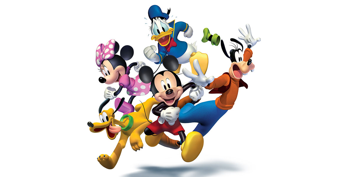 Pluto, Minnie Mouse, Mickey Mouse, Donald Duck, and Goofy wear their classic outfits and run towards the camera. Most of the group wear excited expressions, except for Donald, who appears concerned, and Goofy, who is mid-fall.