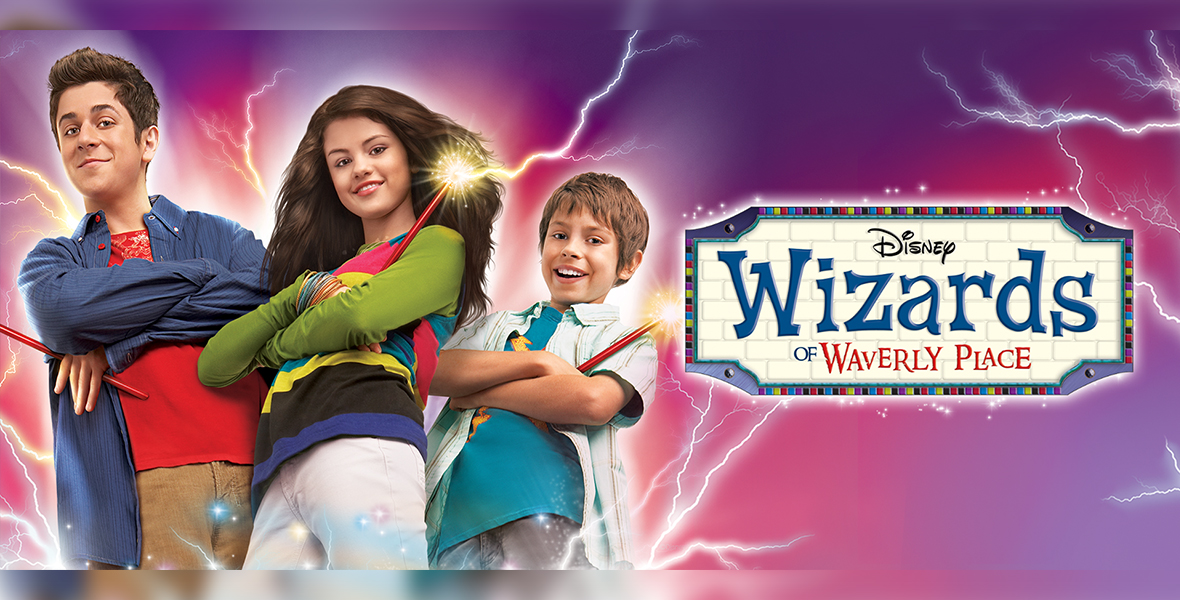 Promotional poster for Wizards of Waverly Place. On the left, the Russo siblings stand together with their arms crossed, each holding a sparkling wand shooting bolts of lightning. On the left is David Henrie, in the middle is Selena Gomez, and on the right is Jake T. Austin. To their right is a rectangle made of white bricks with the show’s title treatment.