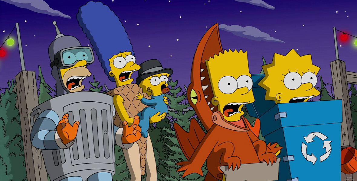 Animated characters Homer, Marge, Maggie, Bart, and Lisa Simpson stand next to each other and scream. Homer wears a metal trash can, goggles, and orange gloves. Marge wears tan tights and an ice cream cone suit. Maggie wears a black derby hat and blue onesie. Bart wears an orange pterodactyl costume while Lisa wears a blue box resembling a blue recycling bin.