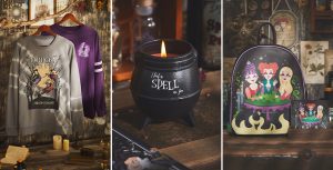 (From left to right) One image of a lit black caldron candle that reads &ldquo;I put a spell on you&rdquo; in white text. Next to it is an image of two sweatshirts hung side by side; one is grey and shows the Sanderson Sisters flying through trees with the text &ldquo;Tonight we fly&rdquo; and &ldquo;Broom Squad&rdquo;; the other is purple and has a small image of the black flame candle.