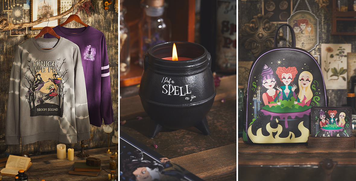 (From left to right) One image of a lit black caldron candle that reads “I put a spell on you” in white text. Next to it is an image of two sweatshirts hung side by side; one is grey and shows the Sanderson Sisters flying through trees with the text “Tonight we fly” and “Broom Squad”; the other is purple and has a small image of the black flame candle.