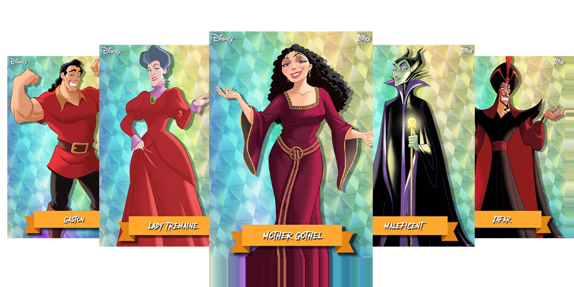 A set of five character cards featuring different Disney Villains. In order from left to right are Gaston, Lady Tremaine, Mother Gothel, Maleficent, and Jafar.
