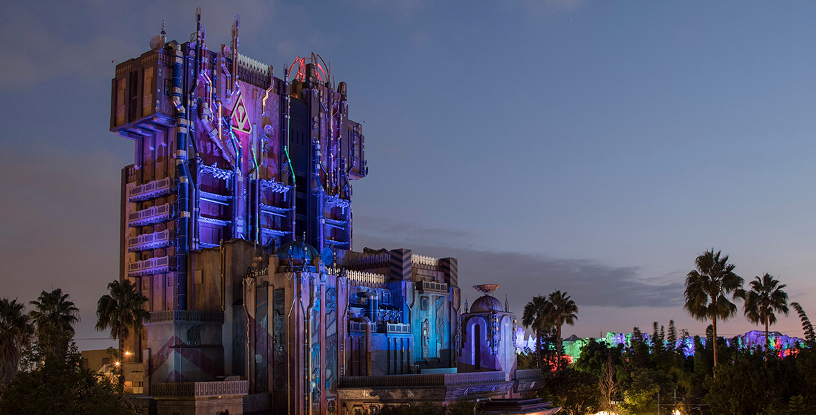 Guardians of the Galaxy: Mission BREAKOUT! is lit up in blue and purple lights.