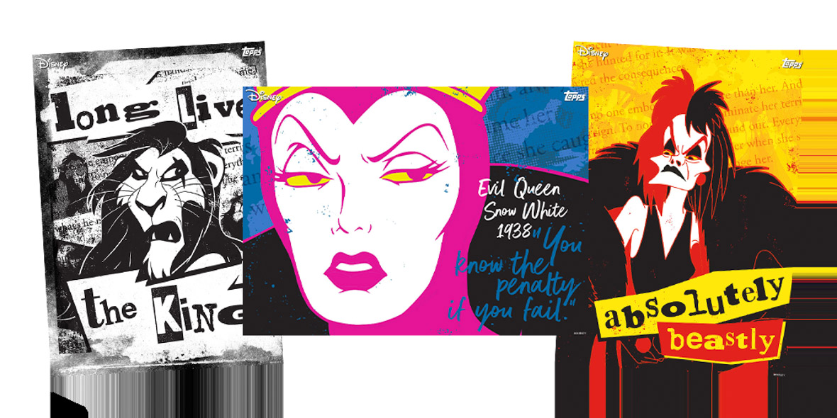 Grungy, editorial posters featuring three Disney Villains. On the left is a black and white poster featuring Scar that reads “Long Live the King.” In the middle is a hot pink version of the Evil Queen from Snow White that reads “You know the penalty if you fail.” On the right is Cruella de Vil colored in red and black against a yellow background with text that says, “Absolutely beastly.”