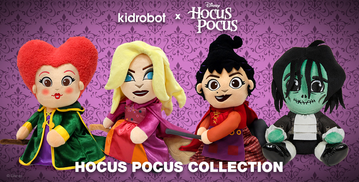 (From left to right) Winifred, Sarah, Mary, and Billy Butcherson dolls stand in front of a purple background with text that reads “Kidrobot x Disney Hocus Pocus” and “Hocus Pocus Collection”.