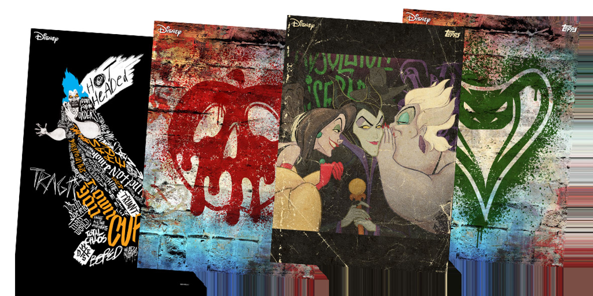 Four graffiti type posters featuring Hades, the Evil Queen’s poison apple, a trio of Cruella, Maleficent, and Ursula, and Jafar’s snake staff.