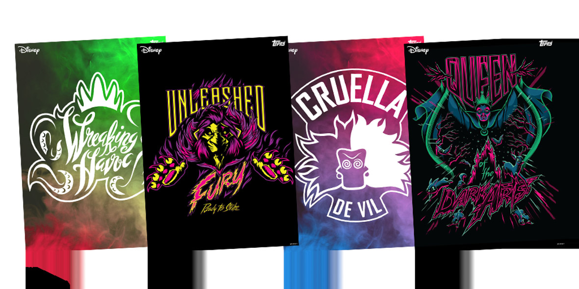 Four cards in a row. Far left is green and reads “Wreaking Havoc.” Next is a purple and yellow image of Scar jumping towards the viewer and it reads “Unleashed Fury.” Next is a purple, red, and blue card with a white outline of Cruella De Vil. And on the far right is a very retro pink and green image of the Evil Queen that reads “Queen of the Dark Arts.”
