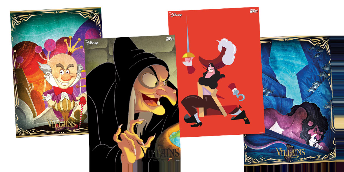 Stylized cards featuring King Candy, the Old Hag, Captain Hook, and Scar.