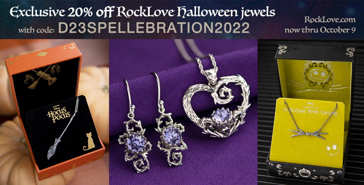 (From left to right) An orange box containing a silver broom necklace, a pair of silver earrings with a purple gemstone, a silver heart necklace with a purple gemstone, and a black block containing a Jack Skellington bowtie necklace. Above the items is white text that reads, “Exclusive 20% off RockLove Halloween Jewels with code: D23SPELLEBRATION2022. RockLove.com now thru October 9.”