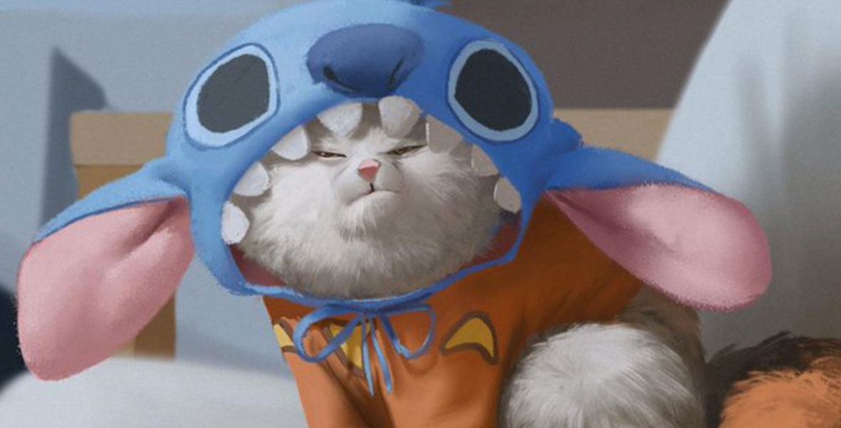 Mochi, the Hamada family cat from Big Hero 6, grumpily poses in a Stitch Halloween costume.