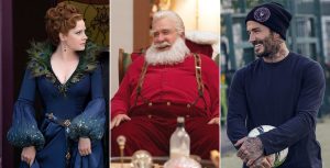 Left - Amy Adams wears a navy blue dress with puffy sleeves and gold accents in a scene from Disenchanted. Her dress features peacock feathers around her neckline, and her hair is curled and pulled into an updo. She is looking to her left with a stern expression. Center - Disney Legend Tim Allen is sitting in a chair and laughing in a scene from The Santa Clauses. He is dressed as Santa Claus, wearing a red long-sleeved shirt, red velvet pants, and gold and red suspenders. His hair is white, as are his beard and mustache. Right - David Beckham smiles in a scene from in Save Our Squad with David Beckham. He is wearing a beanie and a navy blue long-sleeved shirt and holds a soccer ball in his arms.