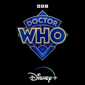 The new official logo for Doctor Who; a blue diamond shape sits against a black background and over the diamond is text that reads DOCTOR WHO in all caps, with “WHO” outlined in a glowing yellow color. Above the Doctor Who logo is the BBC logo and below is the Disney+ logo.