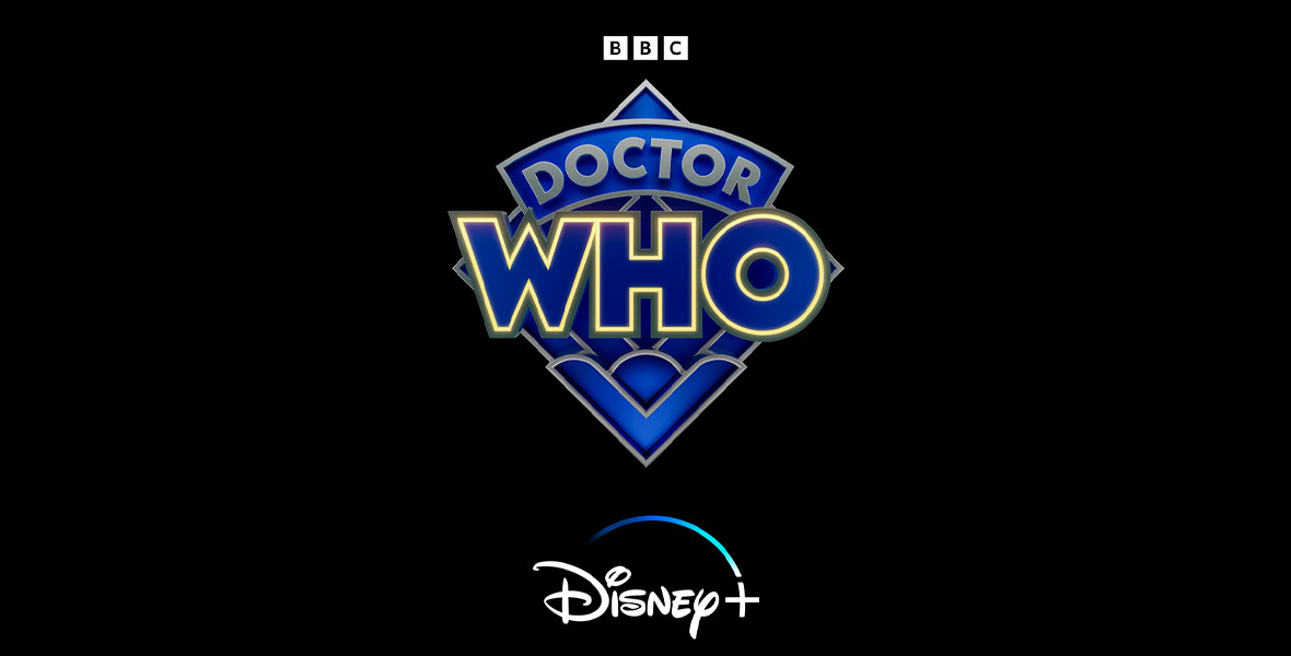 The new official logo for Doctor Who; a blue diamond shape sits against a black background and over the diamond is text that reads DOCTOR WHO in all caps, with “WHO” outlined in a glowing yellow color. Above the Doctor Who logo is the BBC logo and below is the Disney+ logo.