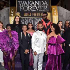 The cast of Black Panther: Wakanda Forever poses for a group photo at the world premiere in Hollywood.