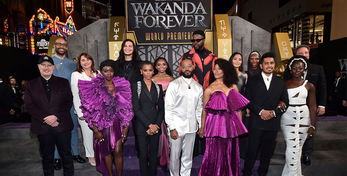 The cast of Black Panther: Wakanda Forever poses for a group photo at the world premiere in Hollywood.