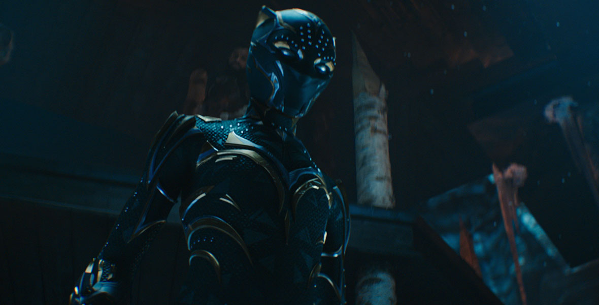 The new Black Panther wears a black suit with gold details. Behind the Black Panther are members of the Jabari Tribe.