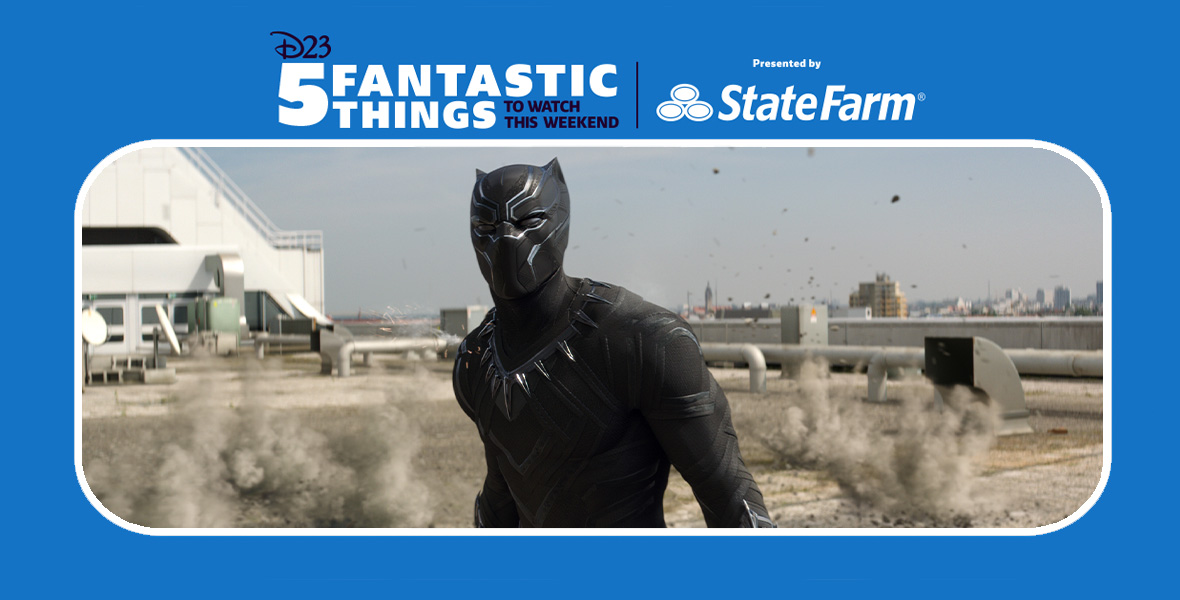 Actor and Disney Legend Chadwick Boseman portrays Black Panther. Boseman wears an all-black ensemble with a mask resembling a panther. The neckline of the suit is decorated with large silver claw-like chevrons. Boseman stands in a desert-like area with a cement building and silver pipes seen in the background.