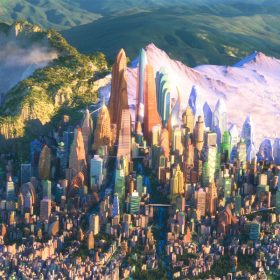 A still image from the animated movie Zootopia depicts both skyscrapers and small homes.