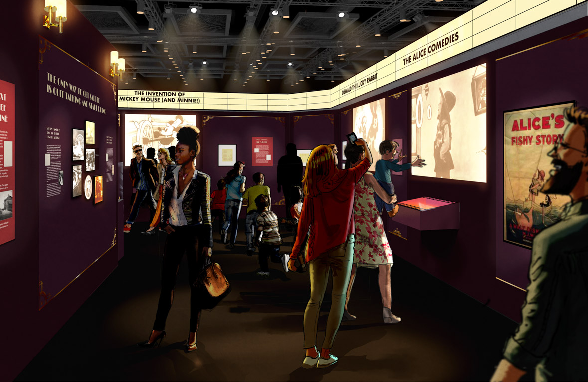 Alt Text: An artist’s rendering of the gallery titled “Where It All Began” within Disney100: The Exhibition portrays guests walking around and looking at exhibits, artifacts, and interactive displays related to the early years of The Walt Disney Company.