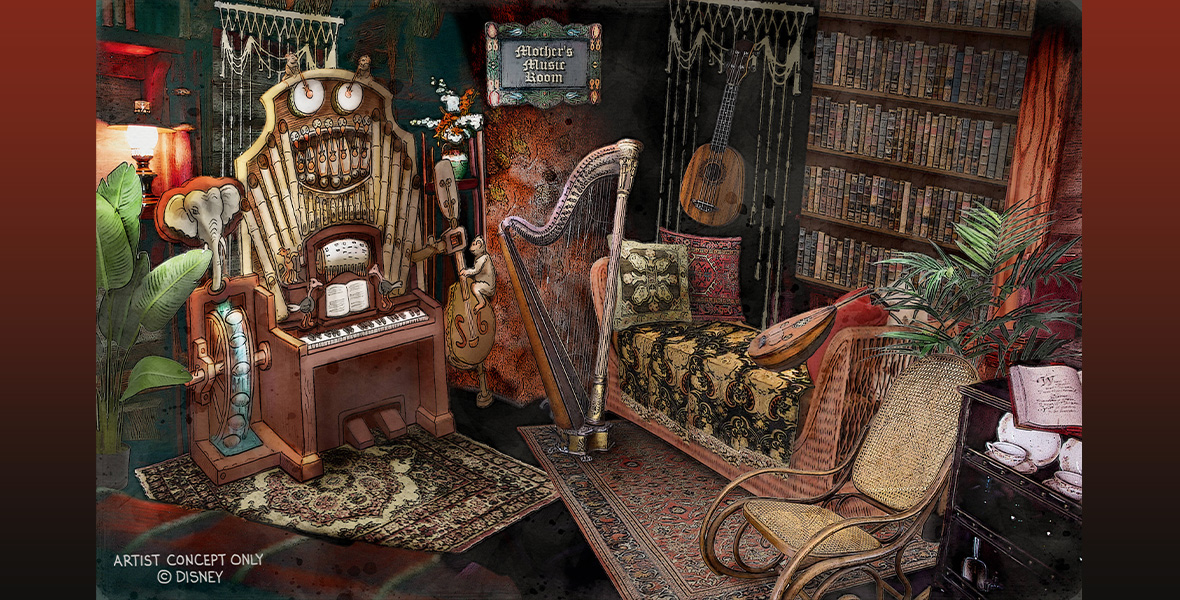 An artist’s rendering of the mother’s den from the Adventureland Treehouse coming to Disneyland Park in 2023. There is an organ against the left wall; next to it is a harp, and on the right is a chaise lounge, a bookcase, and a chair. A sign hangs above the harp that says “Mother’s Music Room.” Some plants decorate the room, and tapestries hang on several walls. Several Oriental rugs are seen on the floor.