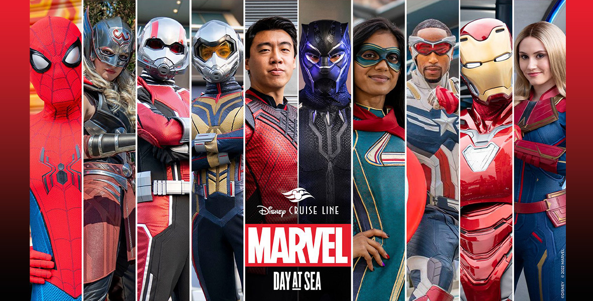 A promotional image for Marvel Day at Sea 2023 on Disney Cruise Line features multiple images of Super Heroes and Villains—including Shang-Chi, the Mighty Thor, Black Panther, Ms. Marvel, Captain America Sam Wilson, and more. The Disney Cruise Line logo is seen toward the bottom of the image, in white; beneath that is the red and white Marvel logo, beneath which it reads “Day at Sea.”