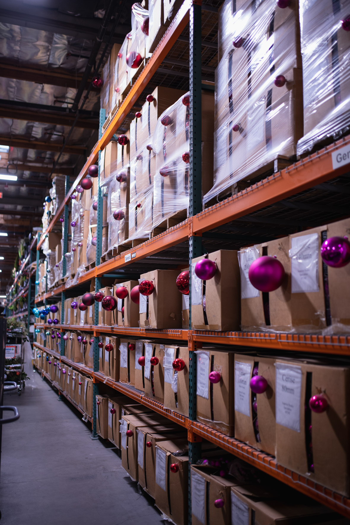 Several stacked rows of dozens of boxes sit on very tall shelves from the foreground into the distance. Each box displays one round Christmas ornament on the outside, indicating what’s inside. The boxes and shelves are inside in the Resort Enhancement warehouse in Anaheim, California.