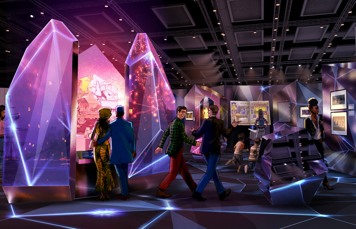 Alt Text: An artist’s rendering of the gallery titled “Where Do the Stories Come From” within Disney100: The Exhibition portrays guests walking around and looking at exhibits, artifacts, and interactive displays related to the iconic stories from 100 years of The Walt Disney Company.