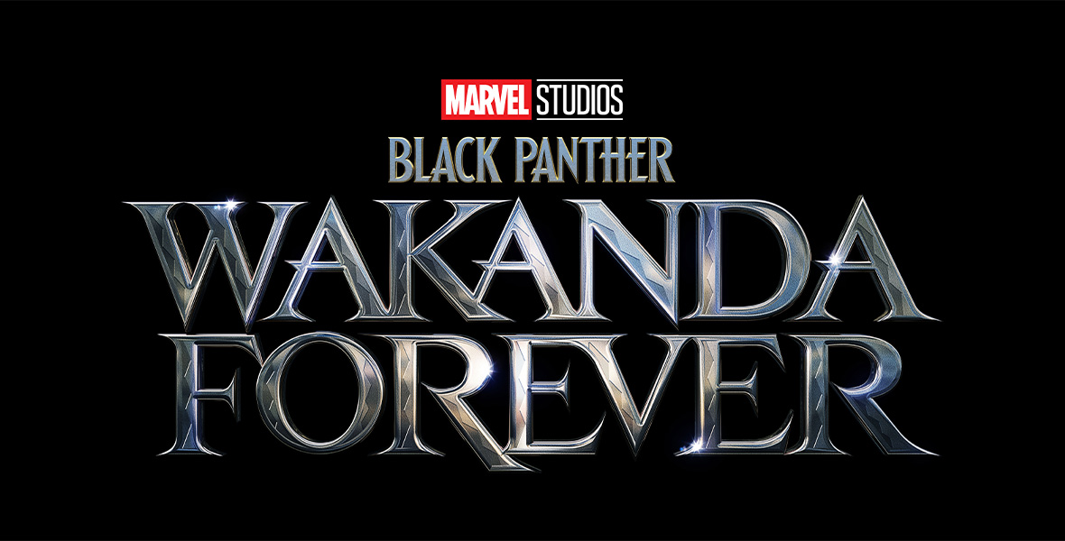 The logo for Marvel Studios’ Black Panther: Wakanda Forever. At the top of the image is the red and white Marvel Studios graphic; below it, it says “Black Panther: Wakanda Forever” in a shiny silver font.  