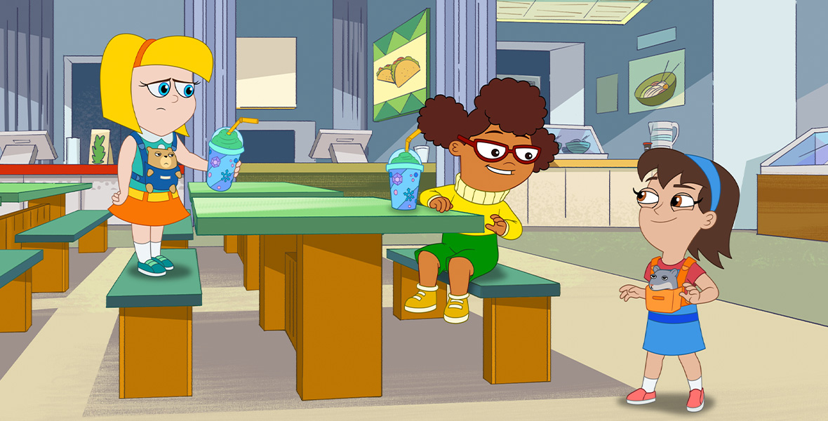 In an episode of the animated series Hamster & Gretel, Gretel, a young girl stands on a bench in a mall cafeteria. She holds a green slushie in her left hand and wears a teal blouse, an orange skirt, a yellow belt, green shoes, and a blue harness holding a hamster. Sitting on a bench opposite Gretel is Bailey, a young girl who wears red-framed glasses, a yellow turtleneck, green shorts, and yellow shoes. The two girls look at another girl who wears an orange T-shirt, a blue skirt, orange shoes, and an orange harness holding a mouse. Behind them are small stalls selling different foods.