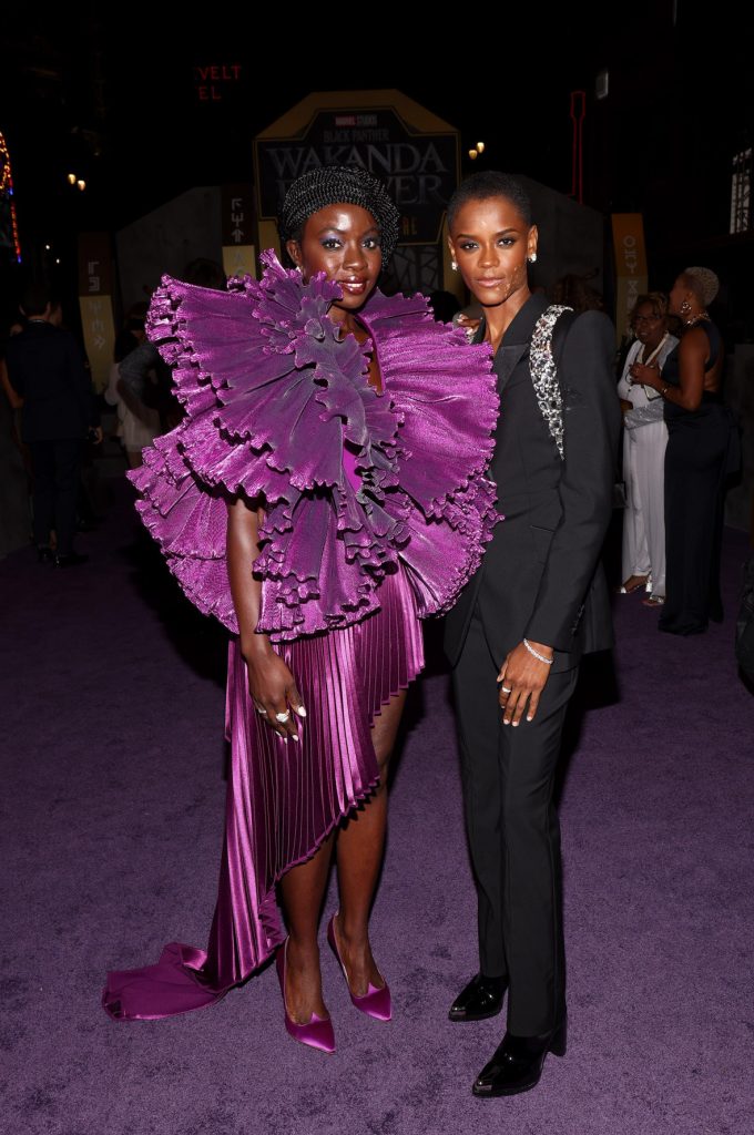 LOS ANGELES, CALIFORNIA - OCTOBER 26: (L-R) Danai Gurira and Letitia Wright attend the Black Panther: Wakanda Forever World Premiere at the El Capitan Theatre in Hollywood, California on October 26, 2022. (Photo by Tommaso Boddi/Getty Images for Disney)