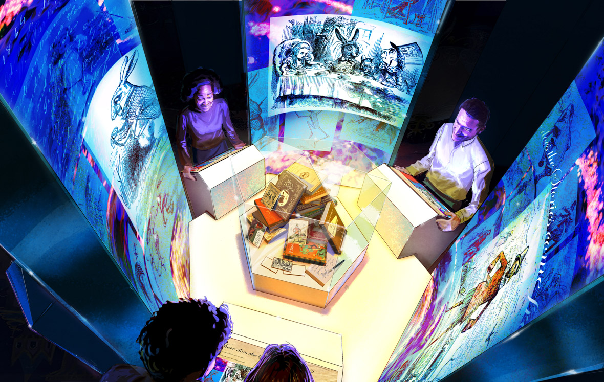 Alt Text: An artist’s rendering of an interactive station within the gallery titled “Where Do the Stories Come From” within Disney100: The Exhibition portrays guests at a table that appears to be piled with books, while around them are video screens displaying images related to the original sources of the iconic stories from 100 years of The Walt Disney Company, such as the book illustrations from Alice in Wonderland.