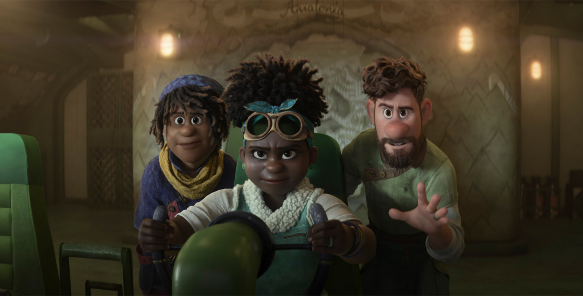 From left to right: Ethan (Jaboukie Young-White), his mother Meridian (Gabrielle Union), and father Searcher Clade. Meridian has her flight goggles raised on her forehead with a green scarf atop them and wears a green vest over an ivory shirt with ivory fluffy collar. She is gripping the controls of the Venture airship with a determined look on her face. Searcher, dressed in a green tunic with brown details gazes out with his hand raised emphatically. Ethan’s eyes are glued at what lays outside the front window of the ship. He wears a purple beanie and purple coat with a patterned yellow scarf.