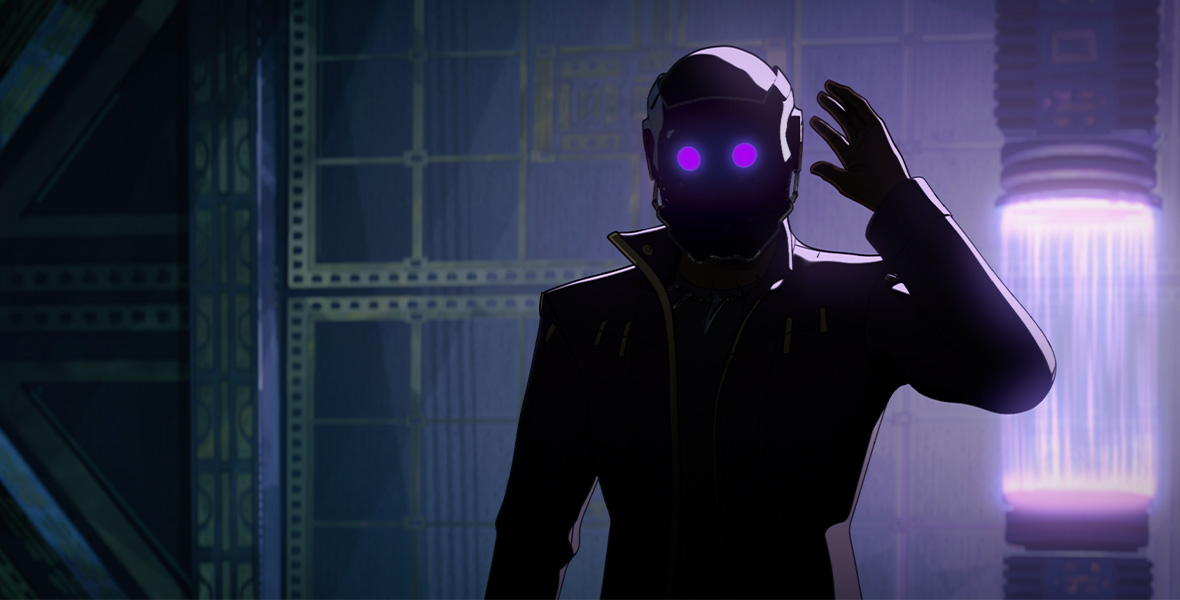 A man stands in the shadows and wears a helmet with glowing purple lights. Behind him is a metal-like wall and tall container with laser beams.