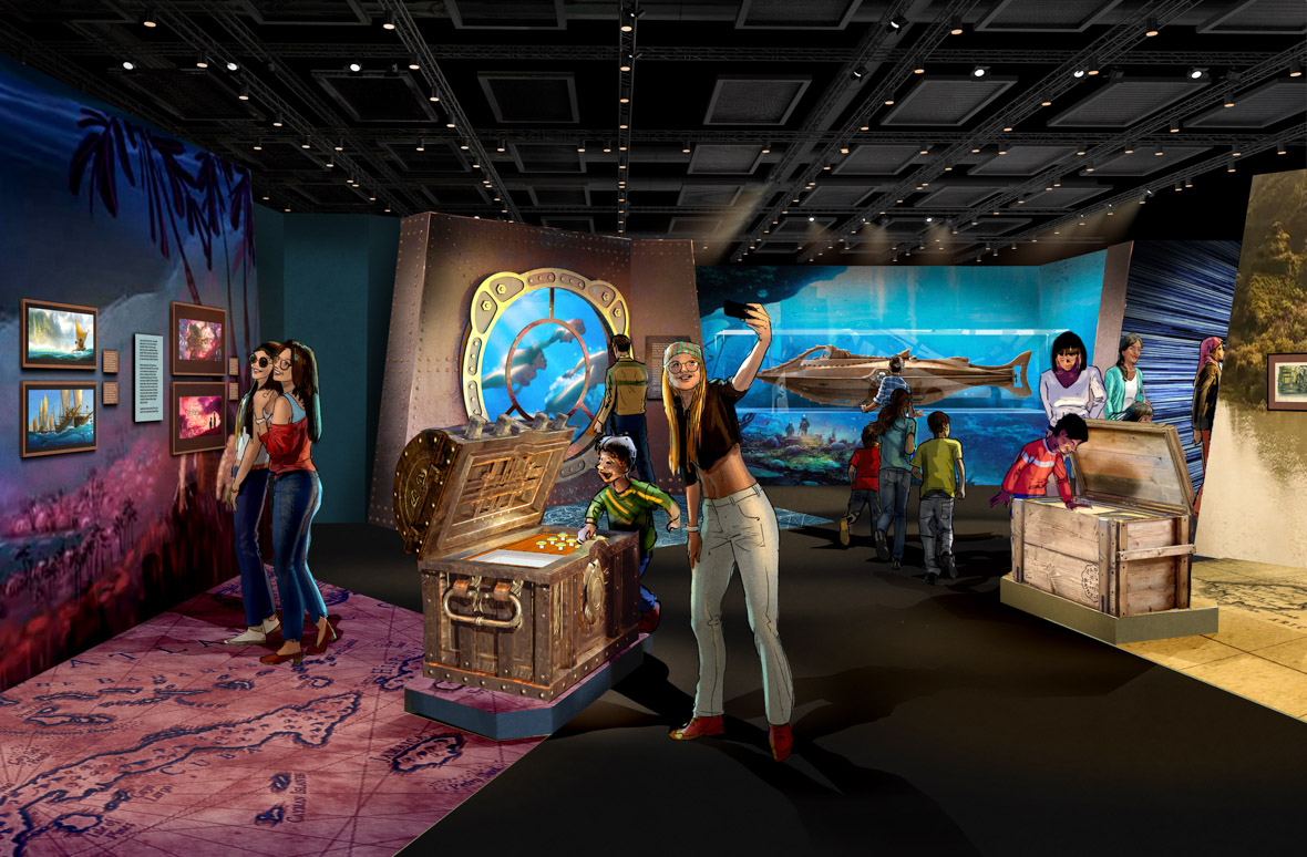 Alt Text: An artist’s rendering of the gallery titled “The Spirit of Adventure and Discovery” within Disney100: The Exhibition portrays guests walking around and looking at exhibits, artifacts, and interactive displays related to adventure tales from movies and other media produced by The Walt Disney Company, such as 20,000 Leagues Under the Sea and Pirates of the Caribbean.