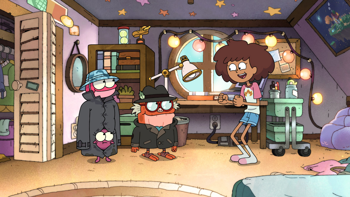 In a scene from Amphibia, the Plantars—Sprig, Hop Pop, and Polly—try to disguise themselves as humans by wearing trench coats and hats. Their human friend, Anne, bends her arms and knees and has an excited expression on her face. They are all are standing in Anne’s room, which is filled with tennis balls, art supplies, and more.