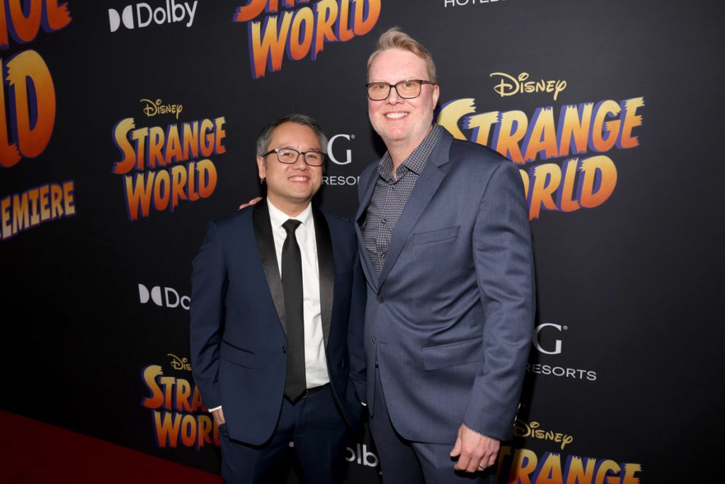 LOS ANGELES, CALIFORNIA - NOVEMBER 15: (L-R) Qui Nguyen and Don Hall attend the world premiere of Walt Disney Animation Studios'  Strange World at El Capitan Theatre in Hollywood, California on November 15, 2022. (Photo by Jesse Grant/Getty Images for Disney)