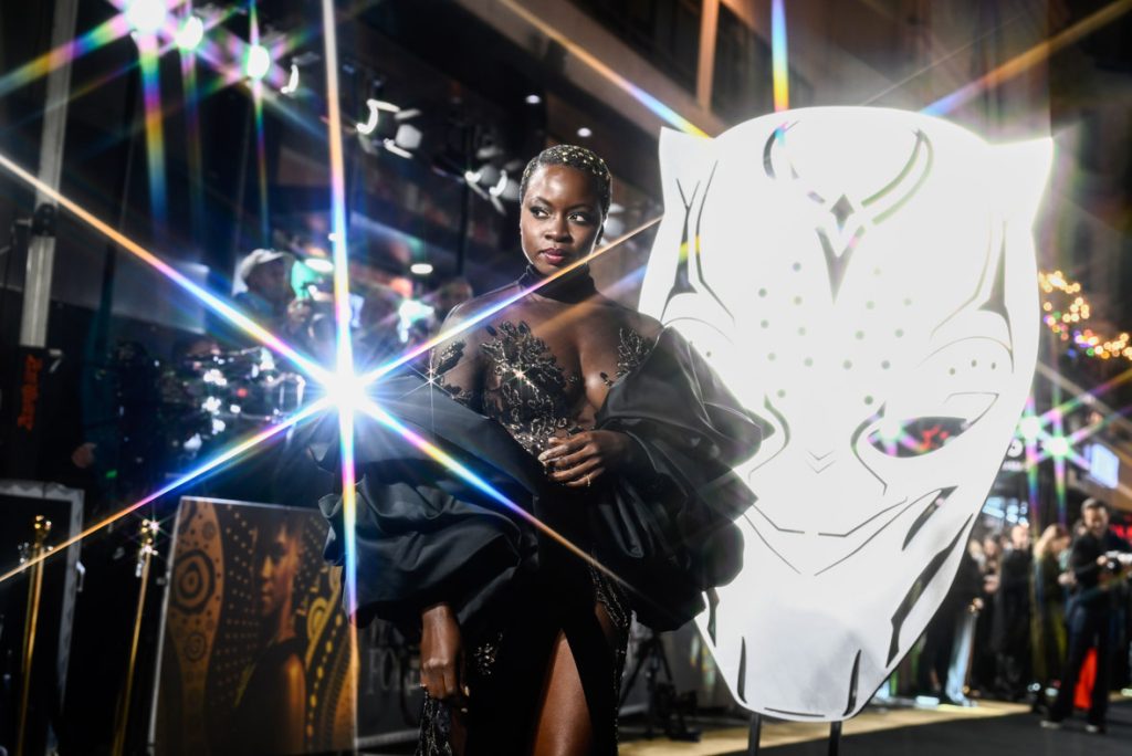 LONDON, ENGLAND - NOVEMBER 03: (EDITORS NOTE: Image has been created using a starburst filter) Danai Gurira attends the European Premiere of Marvel Studios' "Black Panther: Wakanda Forever" in Leicester Square on at Cineworld Leicester Square on November 03, 2022 in London, England. (Photo by Gareth Cattermole/Getty Images for Disney)