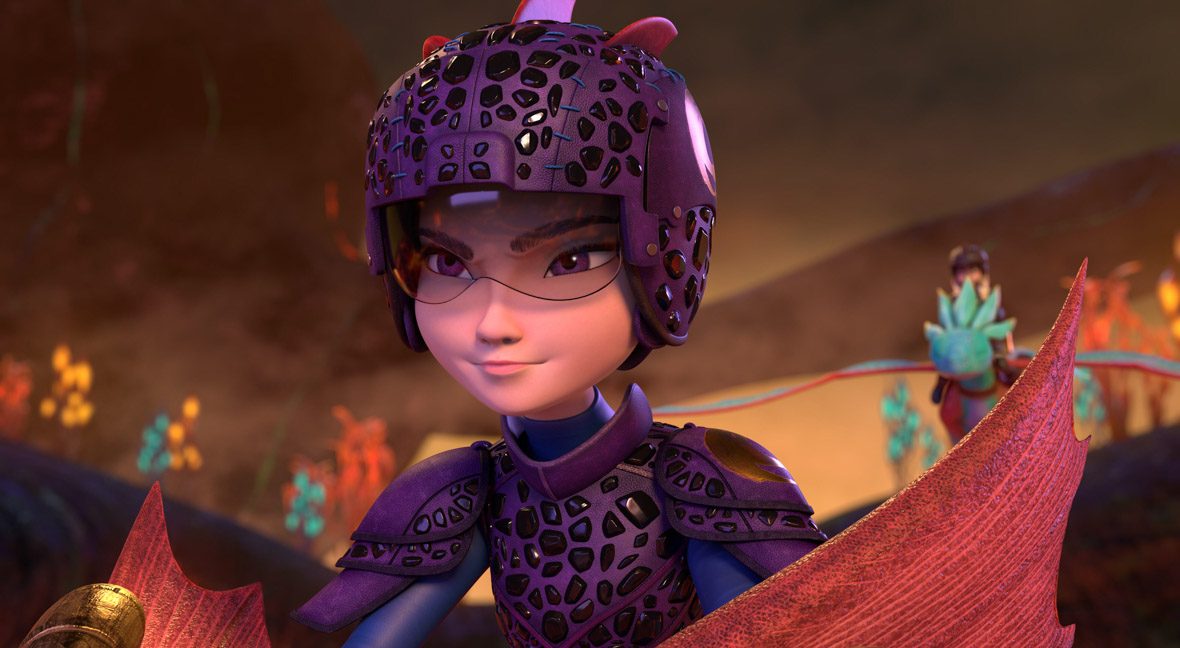In this scene from Dragons: The Nine Realms, Jun Won wears purple armor and flies on the back of a dragon named Wu and Wei.