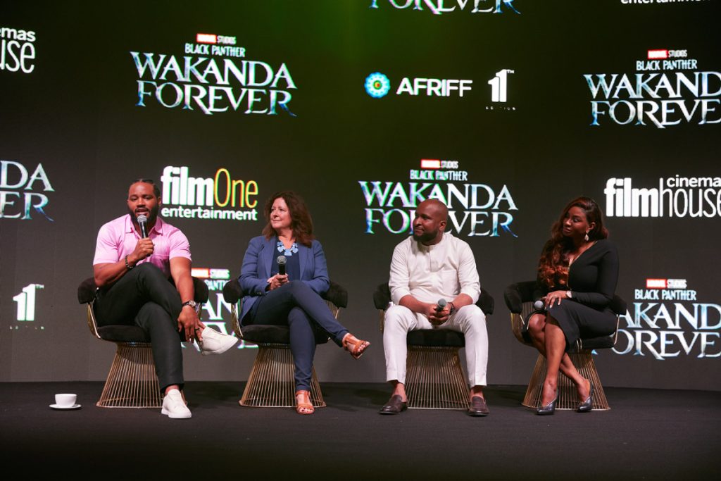 (L to R)Ryan Coogler, Christine Service, Moses Babatop and Choima Ude attend the Nigeria Film Industry Press Conference of Marvel Studios’ “Black Panther: Wakanda Forever” on November 6, 2022 in Lagos, Nigeria. (Photo by StillMoving.net for Disney)