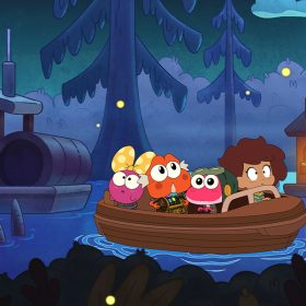 An animated young girl sits in the front row of a brown boat next to a hot pink frog. Behind them are an orange frog with gray hair and a pink frog wearing a yellow polka dot bow. The orange frog holds a wooden treasure chest close to its chest. Around the boat is another boat and a floating wooden cabin. Fireflies are scattered around them.