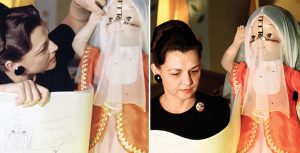 In two side-by-side photos from the early 1960s, Imagineer and costume designer Alice Davis stands to one side of a doll figure from the “it’s a small world” attraction, during its design and construction for the 1964-1965 New York World’s Fair. The doll is veiled, while Alice checks the costume against a drawing she holds in her right hand.