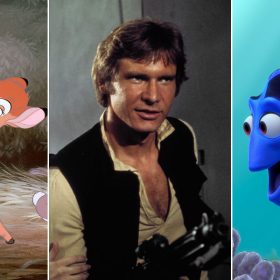 A side-by-side of the four images contained within the article: stills the films Bambi (featuring Bambi and several other animals); Star Wars: A New Hope (featuring, from left to right, Disney Legend Mark Hamill as Luke Skywalker, Disney Legend Carrie Fisher as Princess Leia, and Harrison Ford as Han Solo); Finding Nemo (featuring Dory and Marlin); and Prey (featuring Amber Midthunder as Naru, a Comanche warrior).