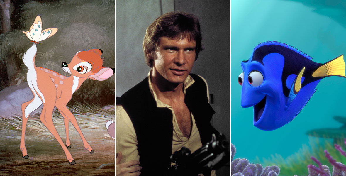 A side-by-side of the four images contained within the article: stills the films Bambi (featuring Bambi and several other animals); Star Wars: A New Hope (featuring, from left to right, Disney Legend Mark Hamill as Luke Skywalker, Disney Legend Carrie Fisher as Princess Leia, and Harrison Ford as Han Solo); Finding Nemo (featuring Dory and Marlin); and Prey (featuring Amber Midthunder as Naru, a Comanche warrior).