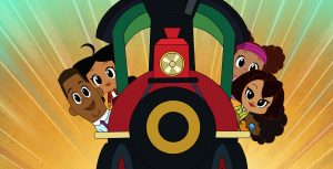 In a still from Chibi Tiny Tales, animated characters Oscar and Penny hang their heads outside of the right side of a train while BeBe, Trudy, and CeCe Proud hang their heads on the left side of a train. The train is red, green, black, and gold. The background is gold with green radiating upward.
