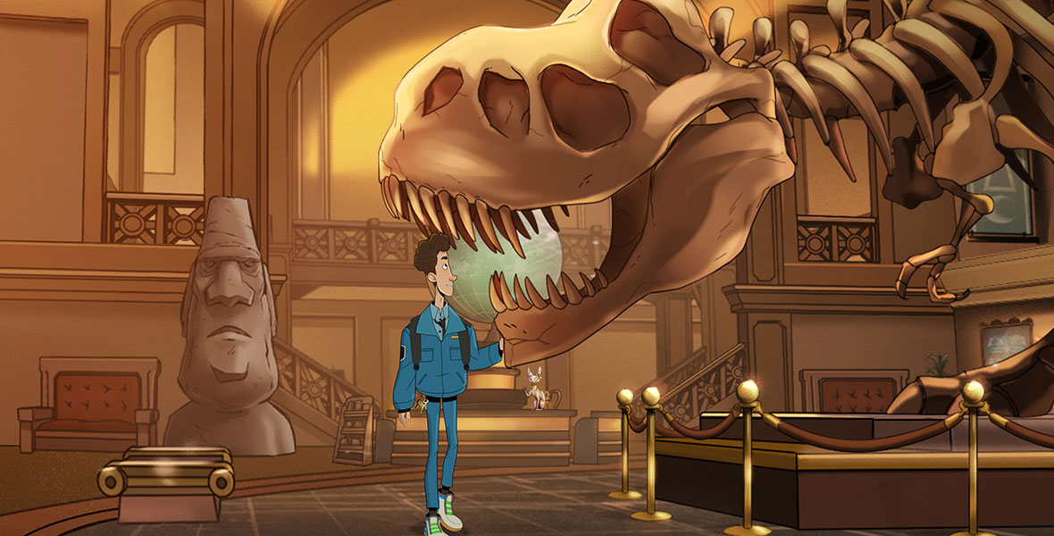 In a still from Night at the Museum: Kahmunrah Rises Again, animated character Nick Daley patrols the museum. He is wearing a blue guard uniform and has keys affixed to his belt. He touches a T-rex skull that’s on display.
