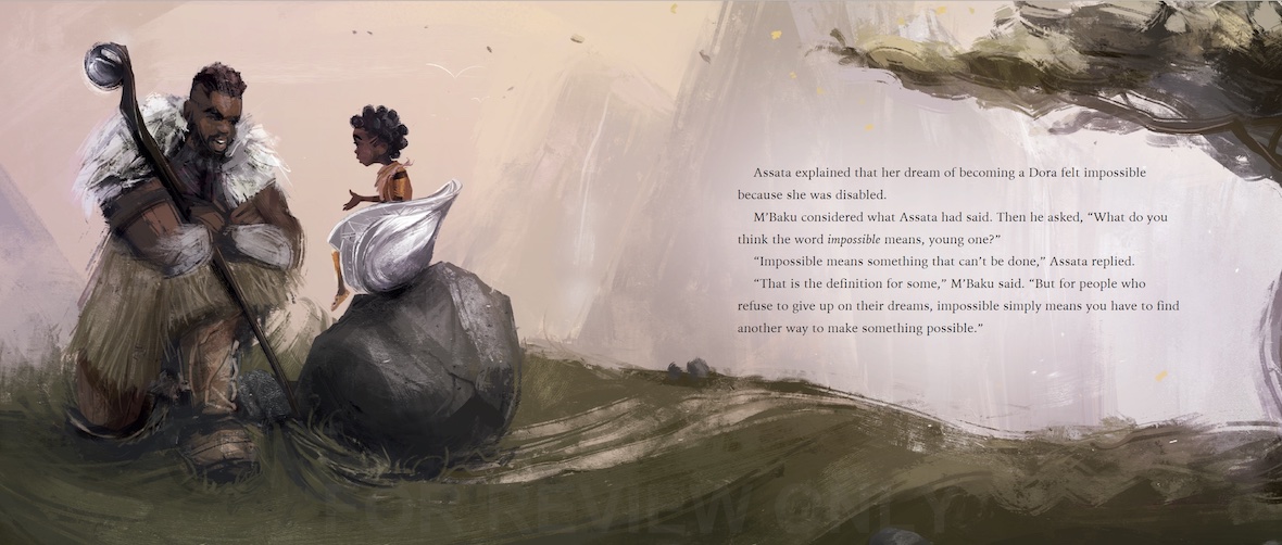 In an illustrated page from the picture book Wakanda Forever: The Courage to Dream, the main character, a young Wakandan named Assata sits in her wheelchair, balanced atop a boulder, so her face is level with the powerful Wakandan chief M’Baku, who is crouched next to the rock.