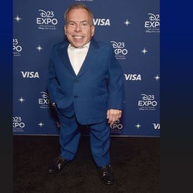 Warwick Davis wears a blue suit and a white shirt. He stands against a D23 Expo Presented by Visa backdrop and has his right hand in his pocket.
